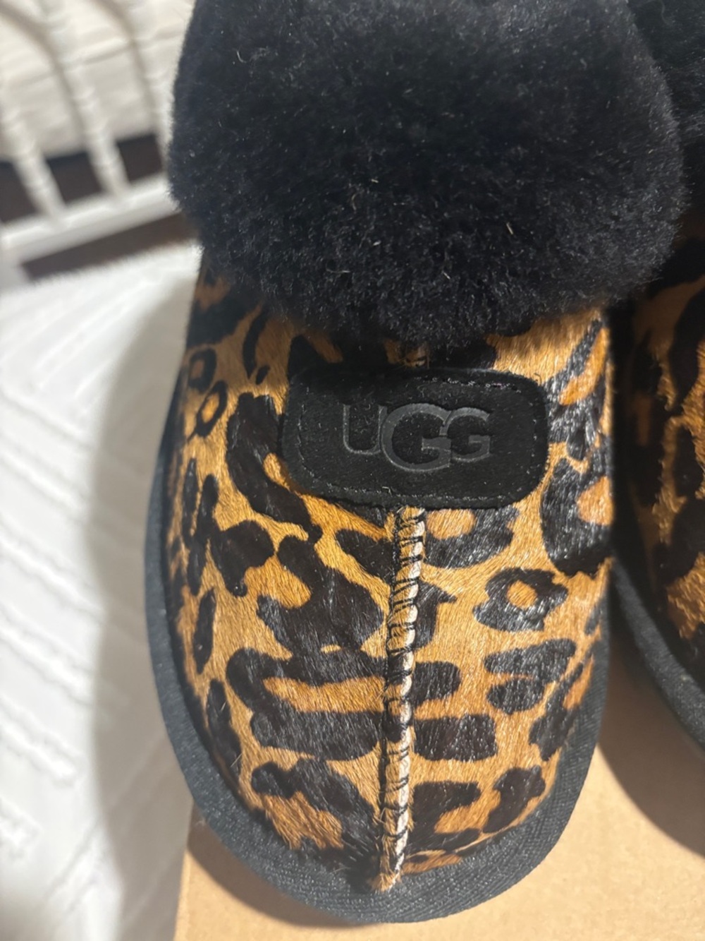 UGG Women Leopard Print Slippers with Black Plush Cuff - Picture 3 of 5